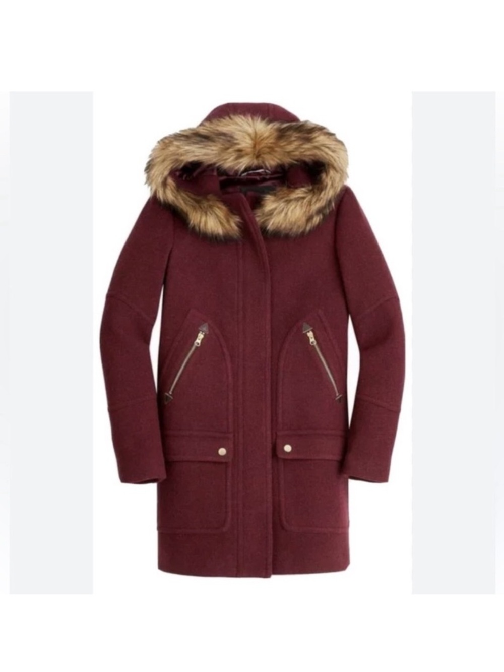 J. Crew Burgundy Wool-Blend Hooded Trench Coat with Faux-Fur Trim